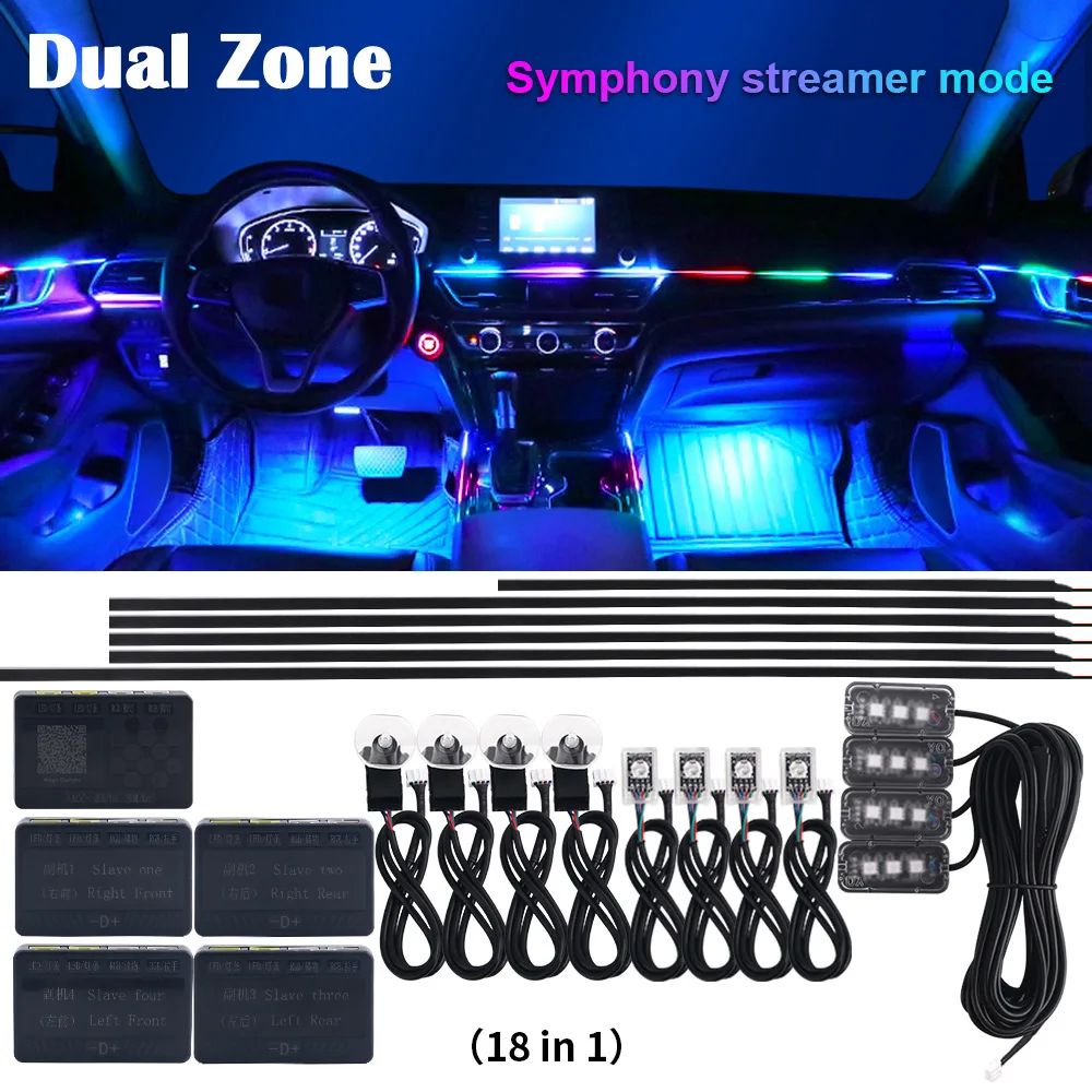 

Dual Zone 18/22 in 1 Led Car Ambient Lights 64 Colors RGB Interior Neon Acrylic Strip App Control Atmosphere Lighting Lamp 12V