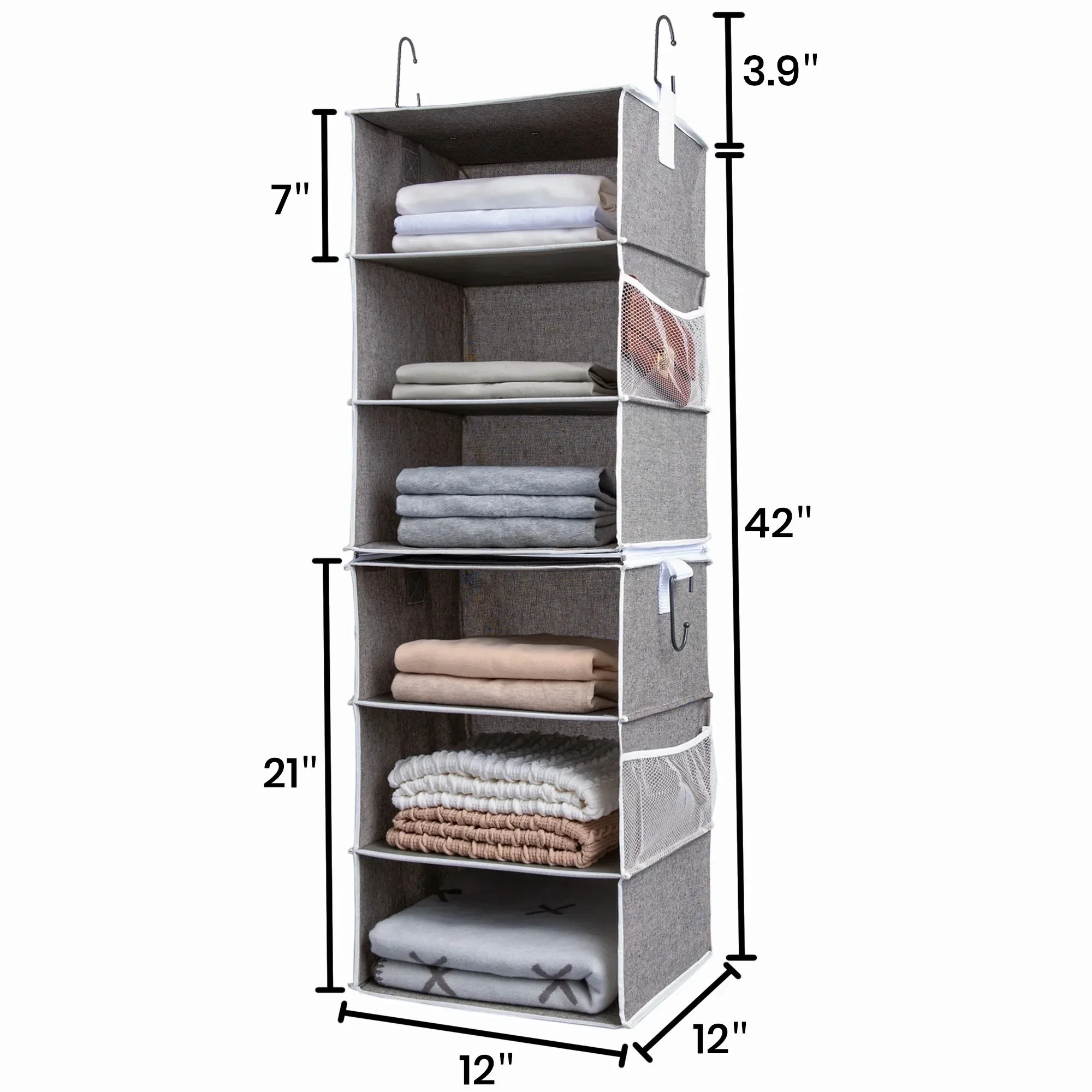 

Six-tier hanging closet organizer, gray. Polyester fabric, 12 x 12 x 42 inches. Space-saving and durable.