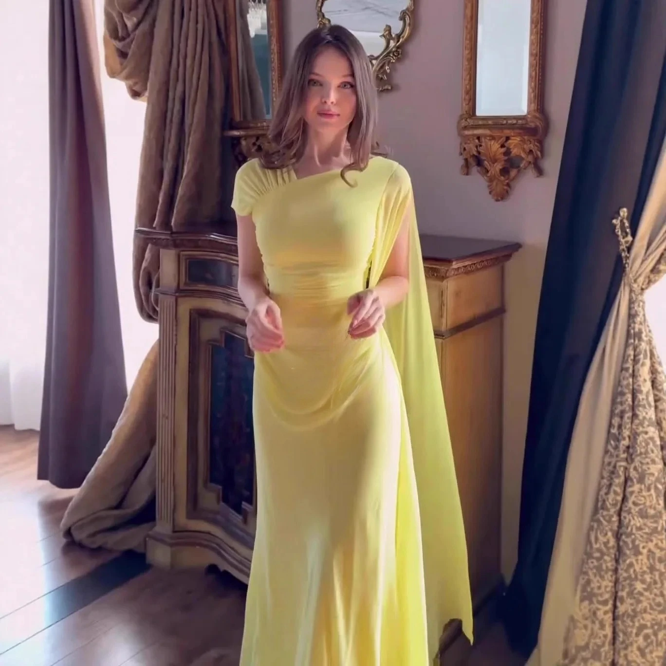 

2025New Bright Yellow Short Sleeve Waist Tying Slim Long Dress Women Light Comfortable Light Blue Black Light Pink Elegant Dress