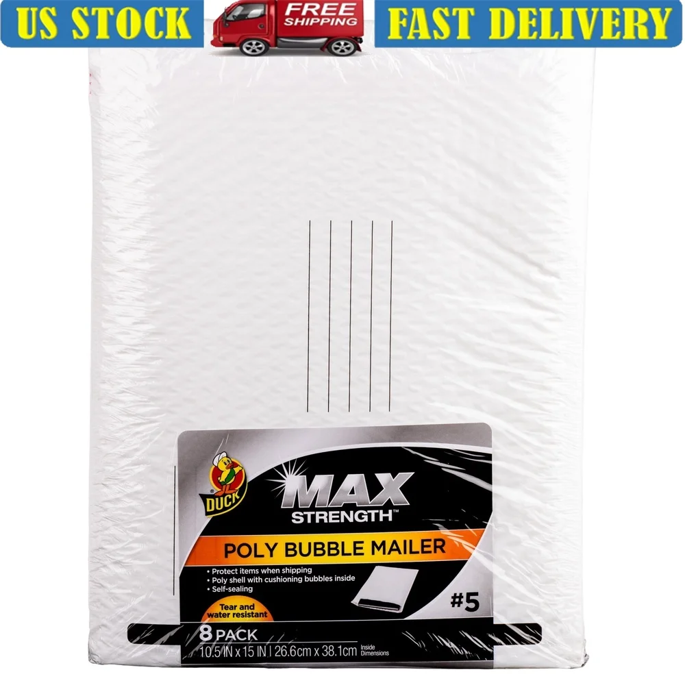 

Max Strength Self-Sealing Poly Bubble Mailers 10.5 x 15 inch Water Resistant Lightweight Padded Envelopes 8 Pack Professional