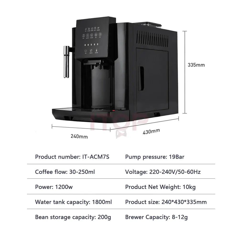 ITOP-cafetera automática ACM7S, molinillo de granos de café, máquina de café Espresso de espuma de leche, agua caliente y espuma de leche, 19 Bar