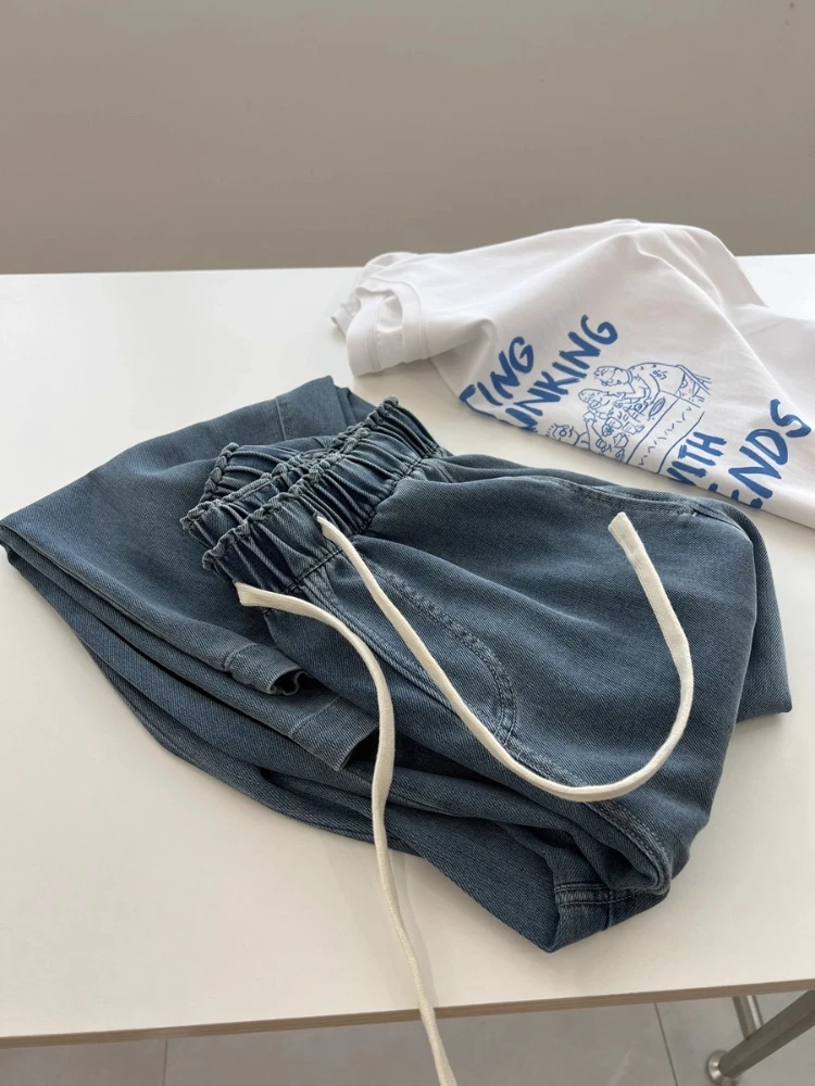 Japanese Draped Women Denim Straight Pants Elastic Waist Drawstring Loose Lazy Casual Trousers Spring Autumn Student For Daily