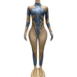Sexy Stage Shining Rhinestones Long Sleeves Gloves Jumpsuit Special Perform Costume Dance Show Outfit Club Photoshoot Vestido