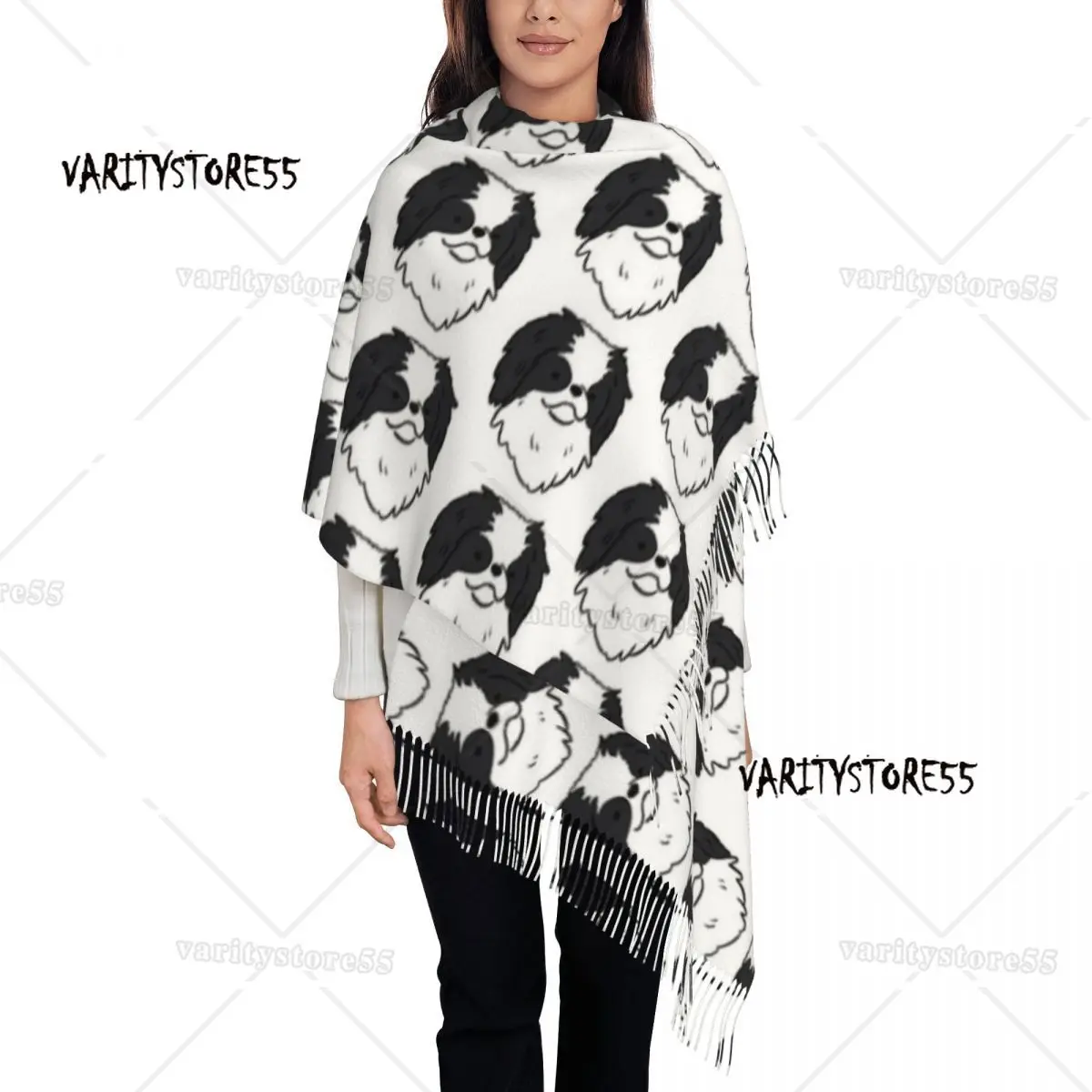 Lenço de caxemira feminino, Chin japonês, ilustração para cachorro fofa, xale grande, envoltório, desenhos animados, roupa diária, inverno, outono