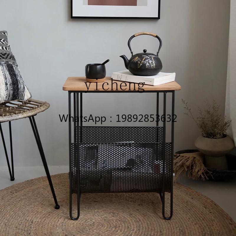 HYS Wrought Iron Side Table Solid Wood Storage Stand Personalized Table Magazine Rack Ins Style