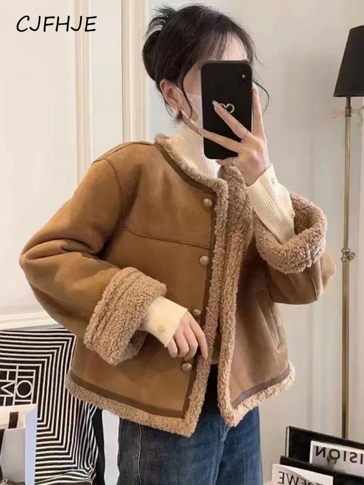 

CJFHJE Office Lady Elegant Faux Lamb Jacket Fashion Simple Winter Thick Short Coat Women Korean Loose Warm Long Sleeve Outwear