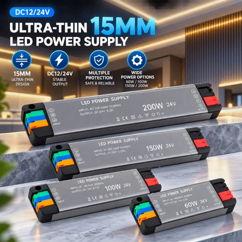 60W 100W 150W 200W Ultrathin LED Power Supply 100% Full Power AC110V‑265V To DC12V/24V Transformer for DIY LED Strip Lighting