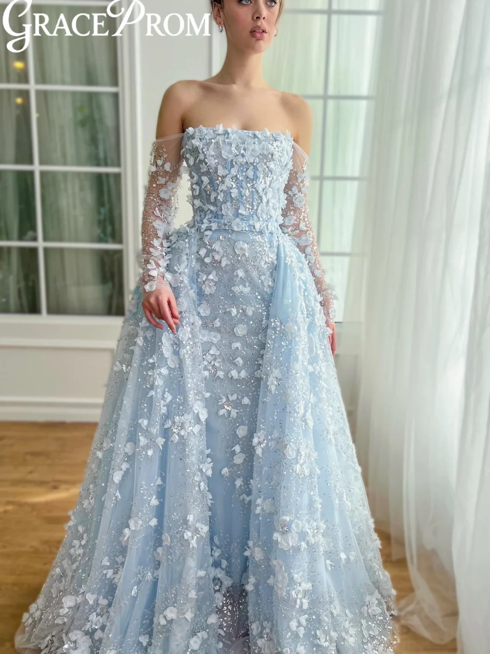 

Light Blue A-line 3D Floral Evening Dress Dazzling Beaded Off Shoulder Long Formal Party Gown Customized Sweet Banquet Gowns