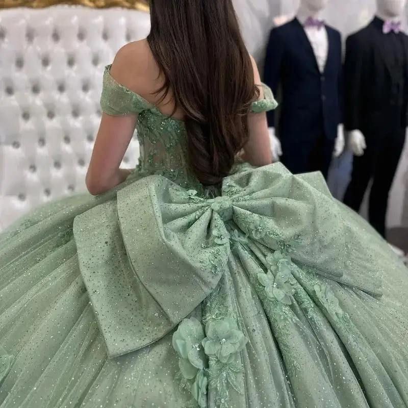 Sage Green Princess Quinceanera Dresses Off Shoulder Appliques Flower Beads Corset Vestidos De 15 Anos Customized