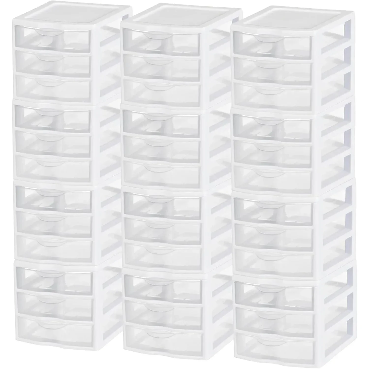 

12-Pack ClearView 3-Drawer Cart,Small Plastic Storage Organizer Drawers,White - Organizing Drawer Containers for Bathroom,Closet