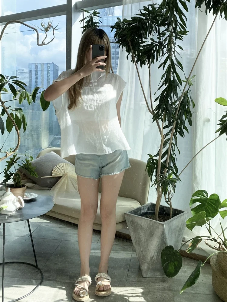 Susan Faion High Ne ort Sve Lin transparent irt Sli Simple Polyvalent Couleur blanche Blo Commute Sle Femme...