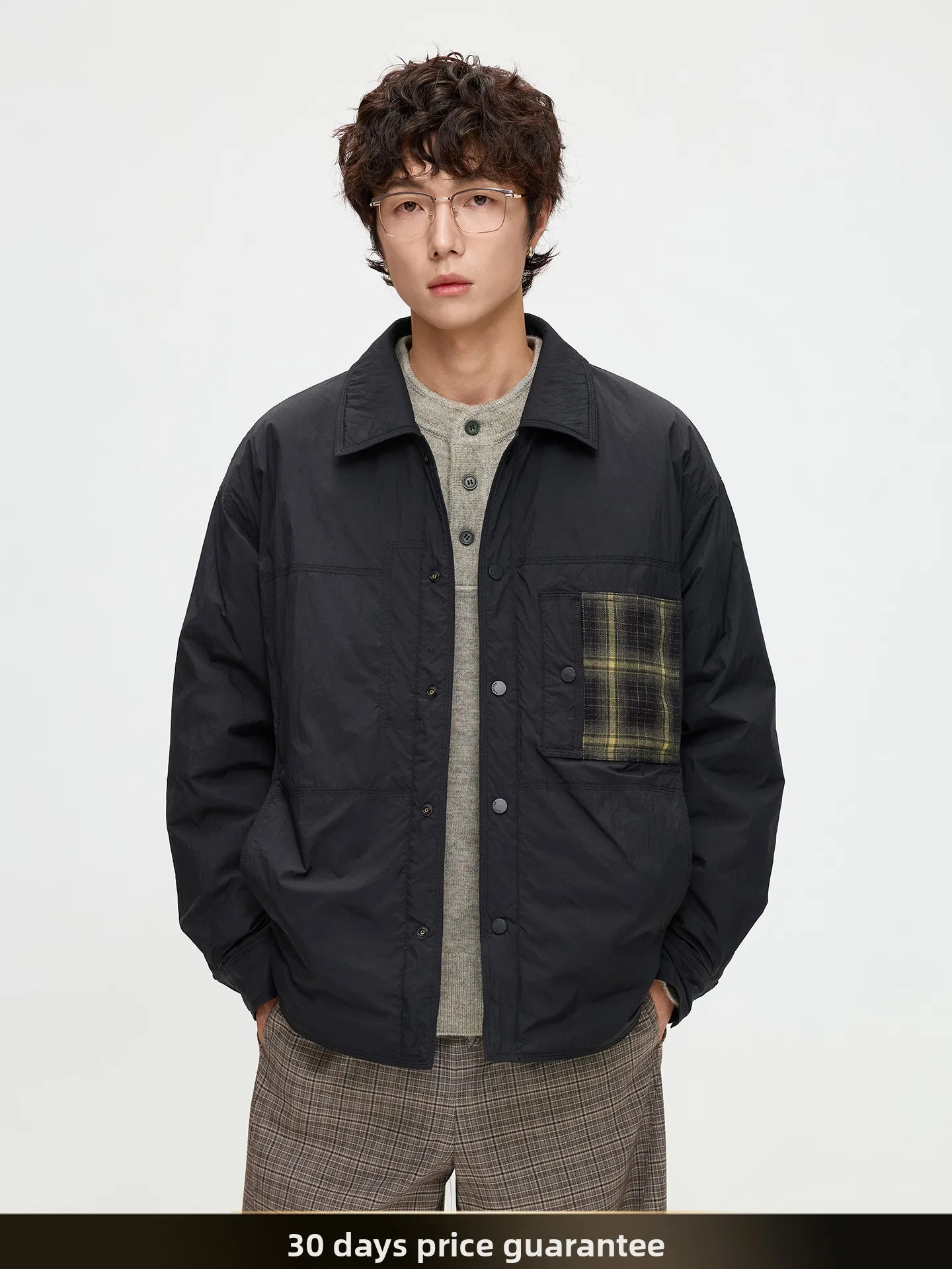 

American Retro Plaid ket Splicing Collar down Jaet Winter 90 Filling Loose Warm Couple Sle Outerwear Nylon Fabric