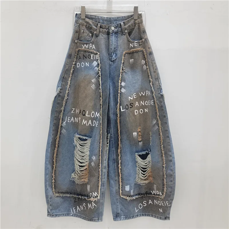 WTHT Trendy 2026 Summer Women Patchwork Letter Graffiti hole Straight Jeans Loose Burr Edge Denim Denim Pants Female 1LS3064