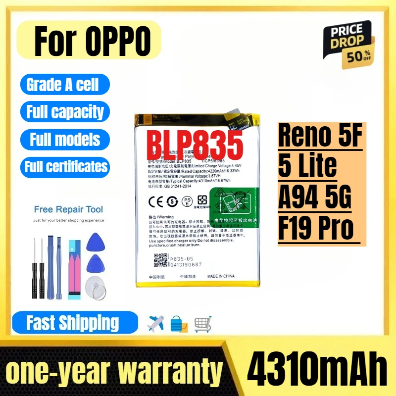 

BLP835 for OPPO Reno5F/5Lite/A94 5G/F19Pro Phone Battery High Quality High Capacity Replacement Bateria Grade A Cell with Tools