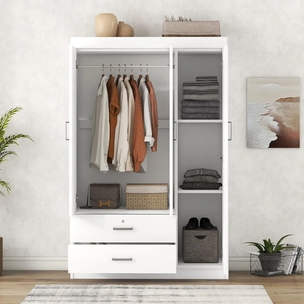 

3-Door Large Wardrobe Closet Rectangular with 2 Storage Drawers,with Hanging Rods Sturdy Construction White Wardrobe