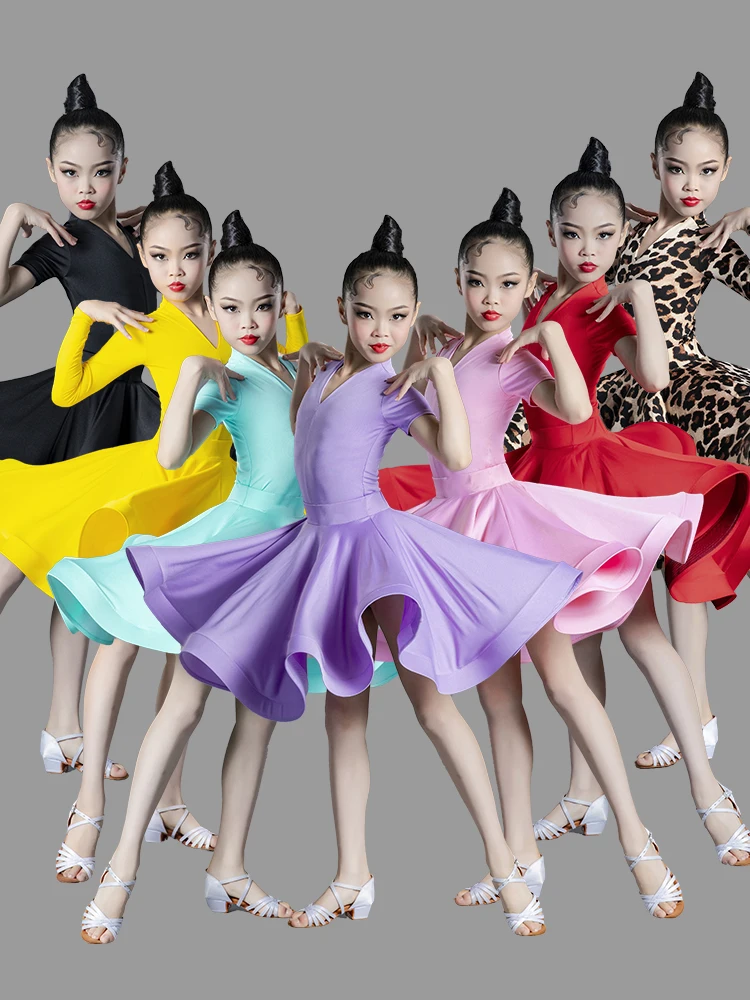 Children's Latin dance, girls' dance costumes, children's practice costumes, girls' short sleeved one-piece performance costumes