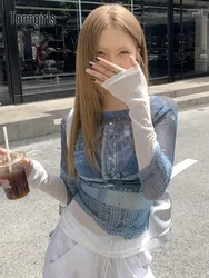 Tonngirls Korean Style Mesh Tops See Through T Shirt Women Long Sleeve Y2k Vintage Tee Tops Streetwear Summer Tshirts Female