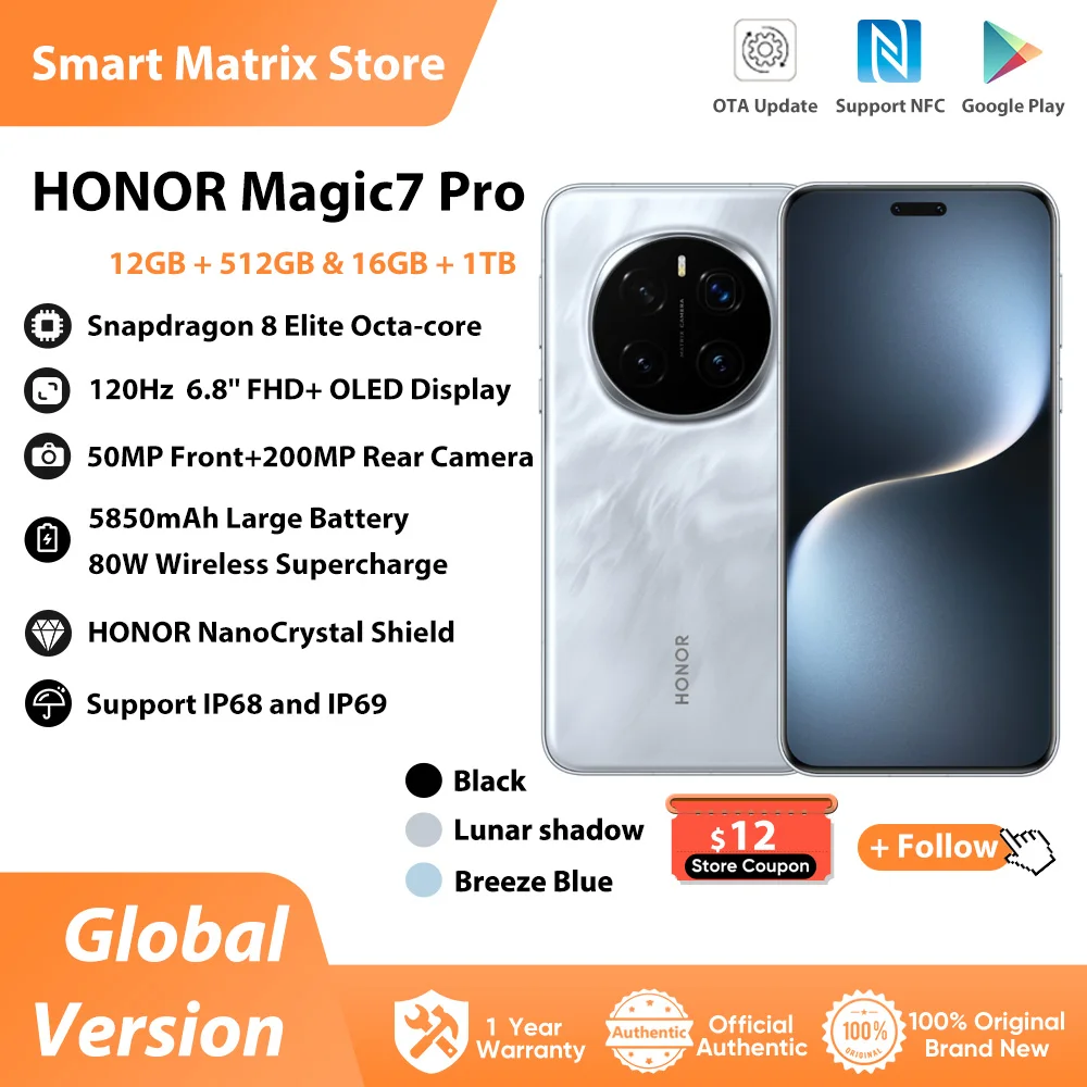 2025 New Arrivals HONOR Magic7 Pro Global Version 5G Smartphone Snapdragon 8 Elite 6.8'' 120Hz Display 100W SuperCharge IP69