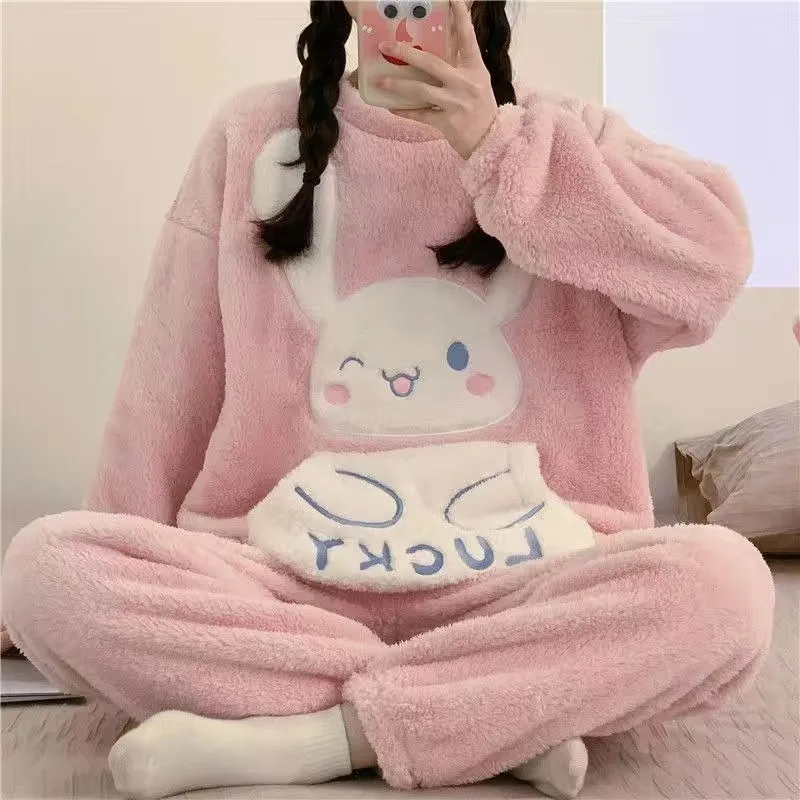 

Cute Kawaii Sanrio Cinnamoroll Pochacco Cartoon Anime Flannel Suit Home Wear Winter Thick Round Neck Couple Long Sleeved Pajamas