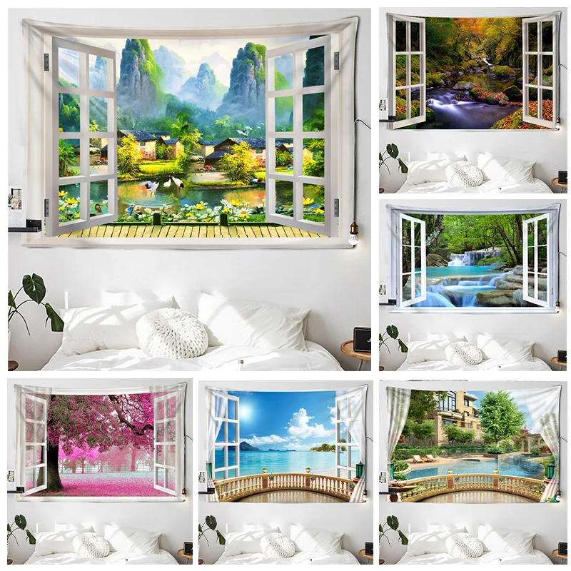 

Imitation window design river landscape painting pattern tapestry cherry tree wall hanging home room bedroom decorative