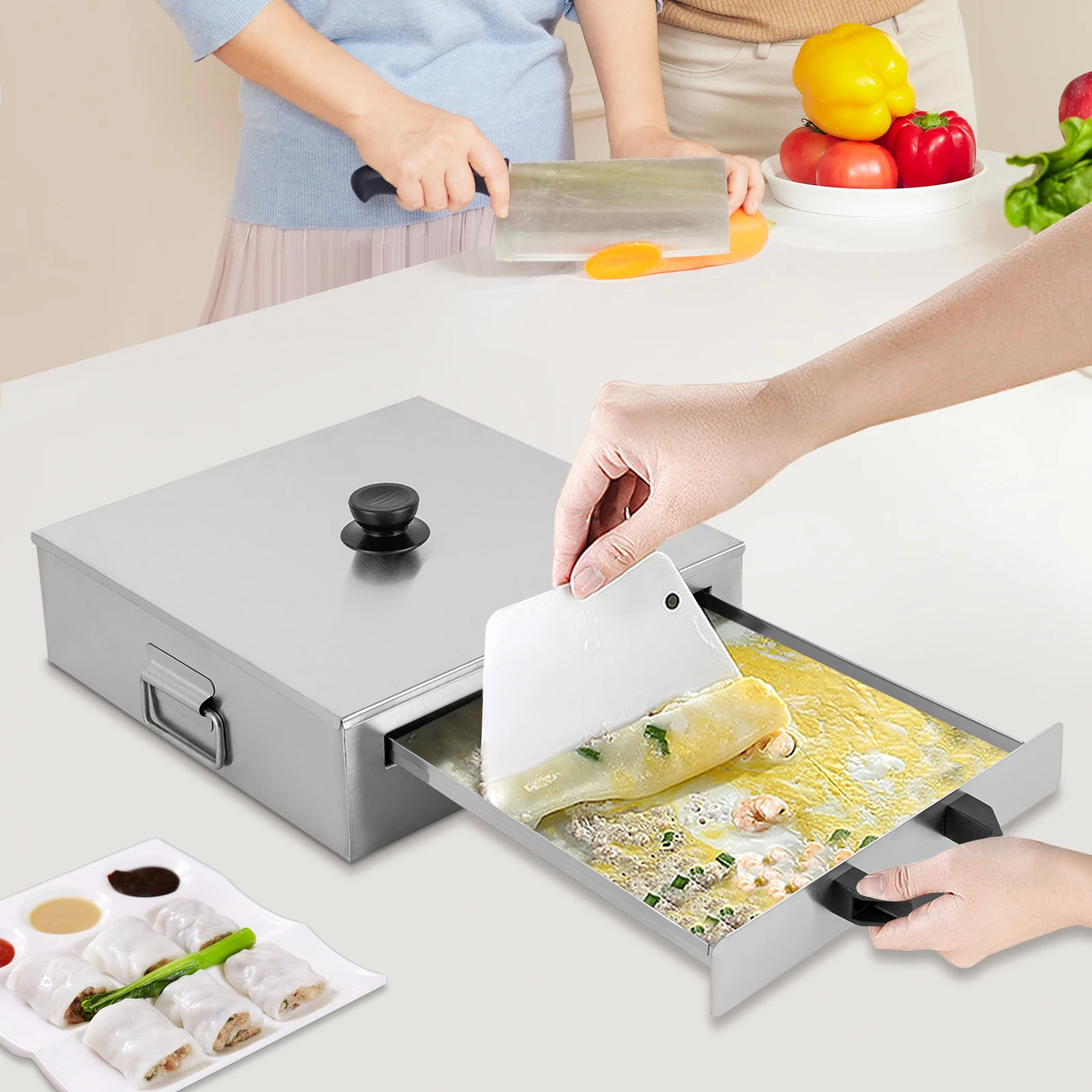 

Rice Noodle Rolls Machine 1 Layer Cantonese Food Steamer with 304 Stainless Steel Extra Tray