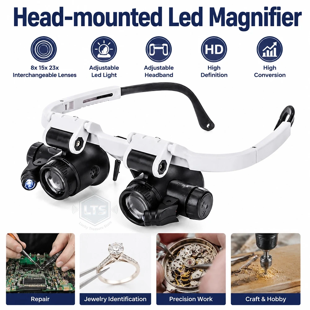 Adjustable LED Light Head Mounted Magnifying Glass 8X 15X 23X Jewelry Loupe for Welding Soldering Hands Free Magnifier with Ca