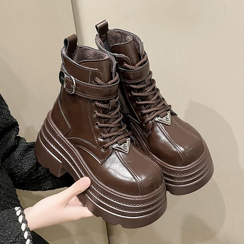 

Women High Platform Ankle Boots Autumn Winter Gothic Style Leather Shoes Buckle Punk Motorcycle Boots Round Toe Chunky Sneakers