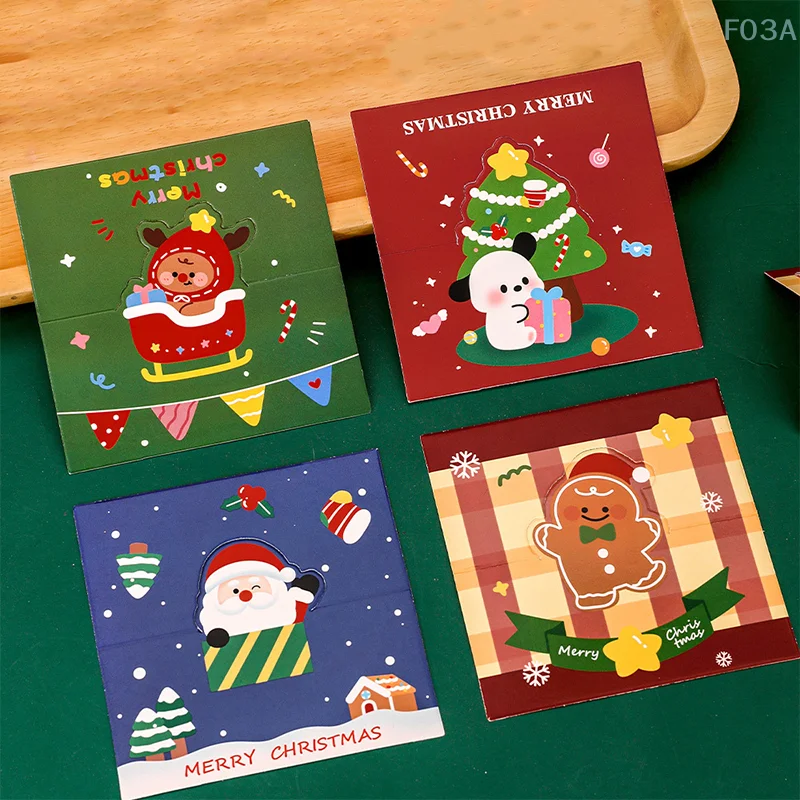 10Pcs Christmas Folding Cardboard Cute Cartoon Santa Claus Christmas Tree Gingerbread Man Card Paper Gifts Packaging Material