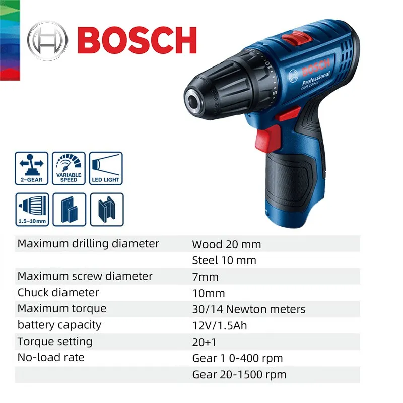 Bosch-Perceuse électrique professionnelle sans fil, perceuse à main électrique sans fil, tournevis de bricolage domestique multifonction, outils