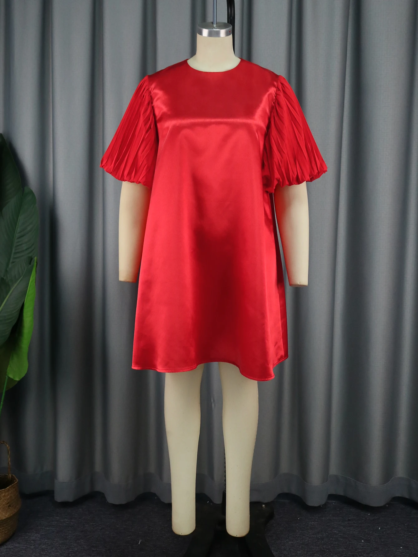 Loose Dresses for Women O Neck Short Puff Sleeve Pullover Red Casual Daily Large Size Knee Length Evening Party Gowns Outfits