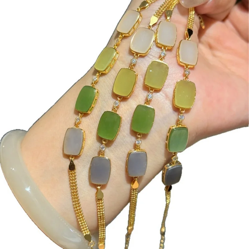 Natural Hetian Jade Qinghai Material Sugar Cube Bracelet 925 Silver Inlay