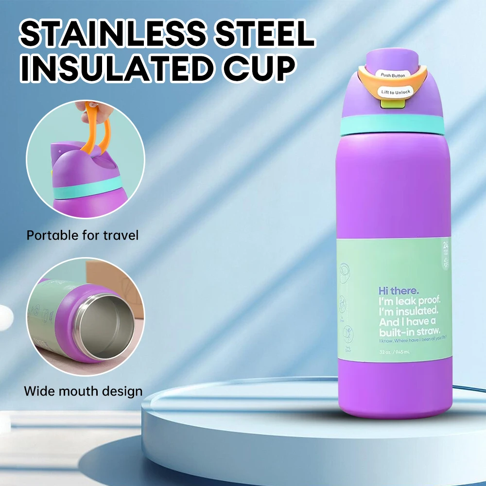 

950ML Stainless Steel Insulated Cup Double-layer 4-6 Hours Bouncing Lid Thermos Bottle with Straw for Outdoor Sports Activities