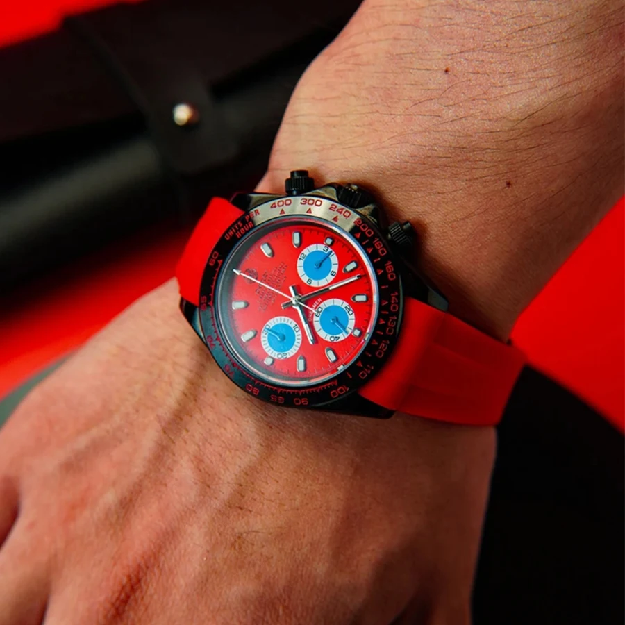 OKPLAY Men Chronograph Watch 39.5mm Modified Customized Quartz Wristwatch Sapphire 100M Waterproof Triple Windows Red