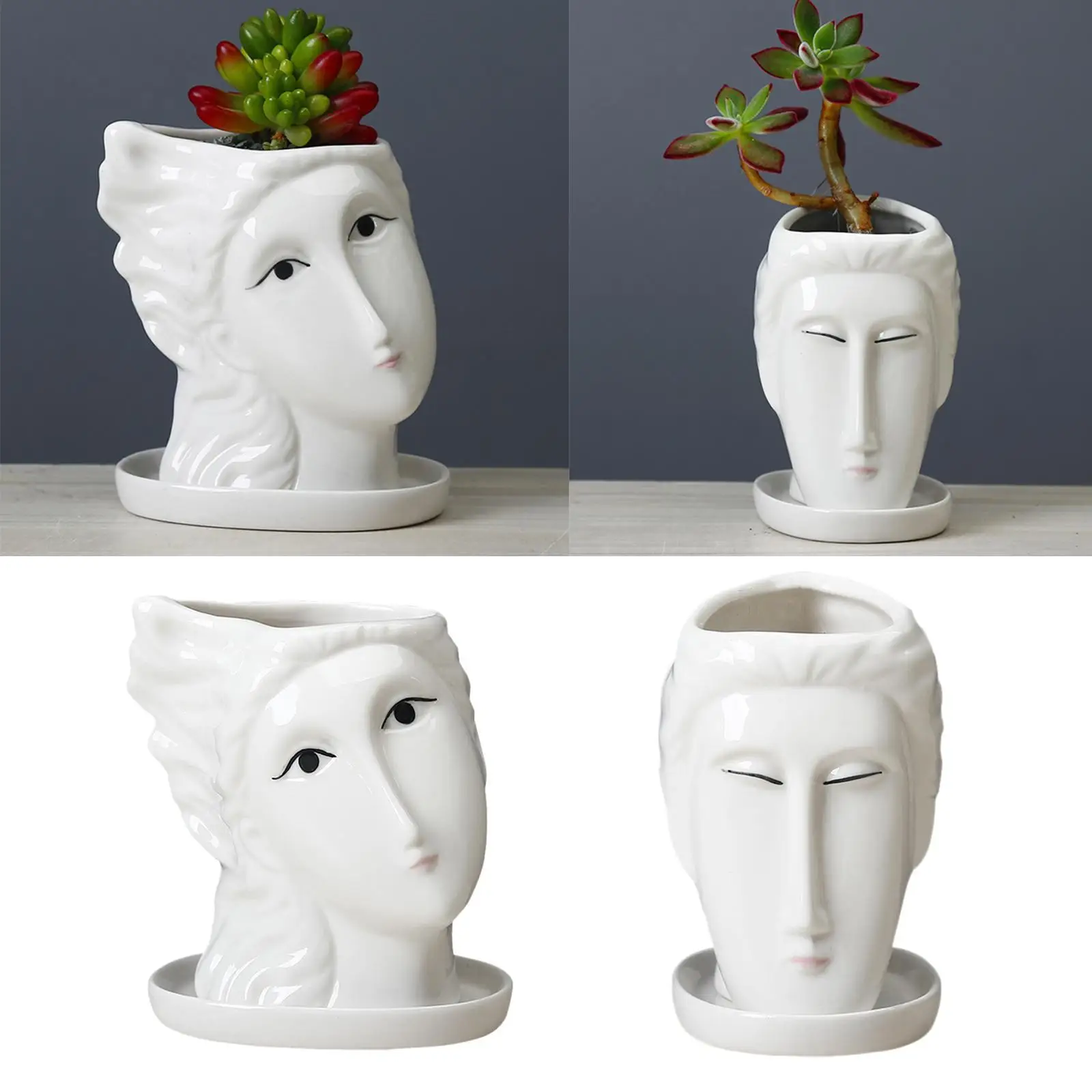 Ceramic Portrait Face Head Planter Plant Pot Cactus Flowerpot Figure White