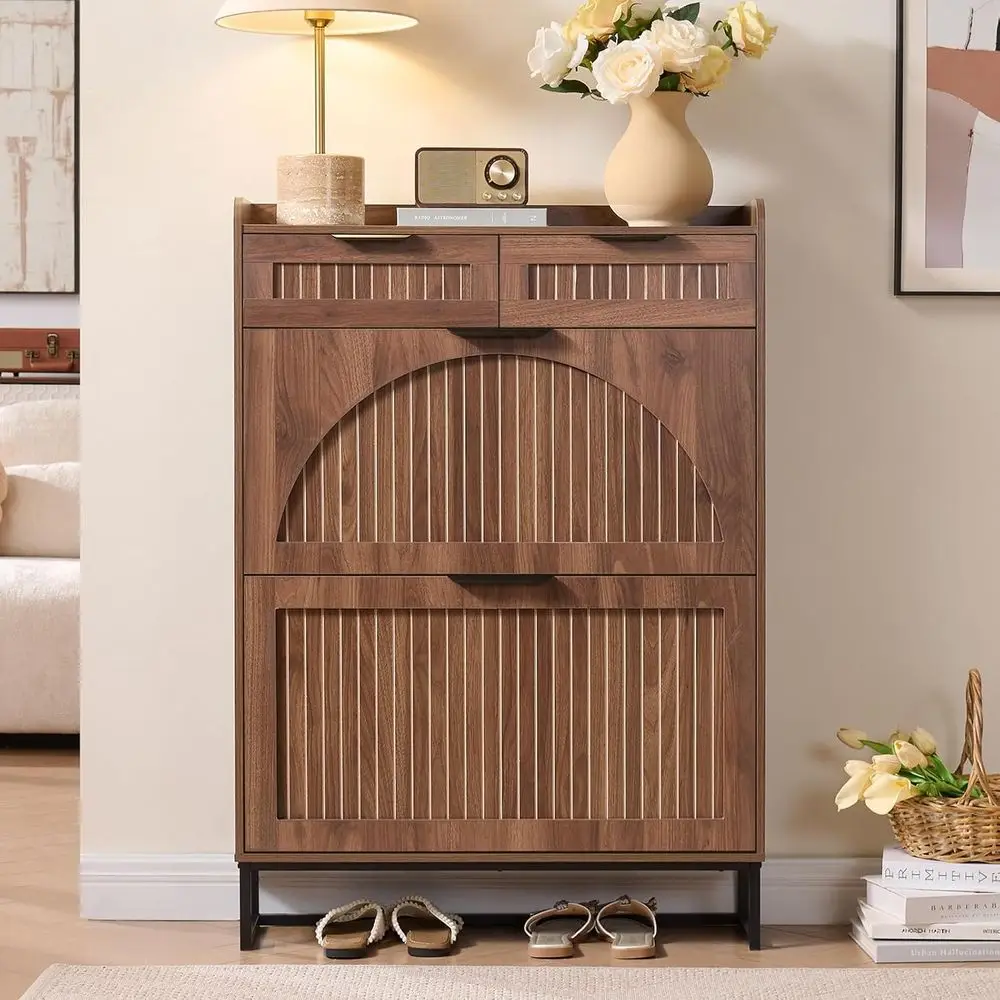 

Walnut Narrow Shoe Cabinet with 2 Lip Shelves and 2 Storage Drawers for Entryway or Hallway