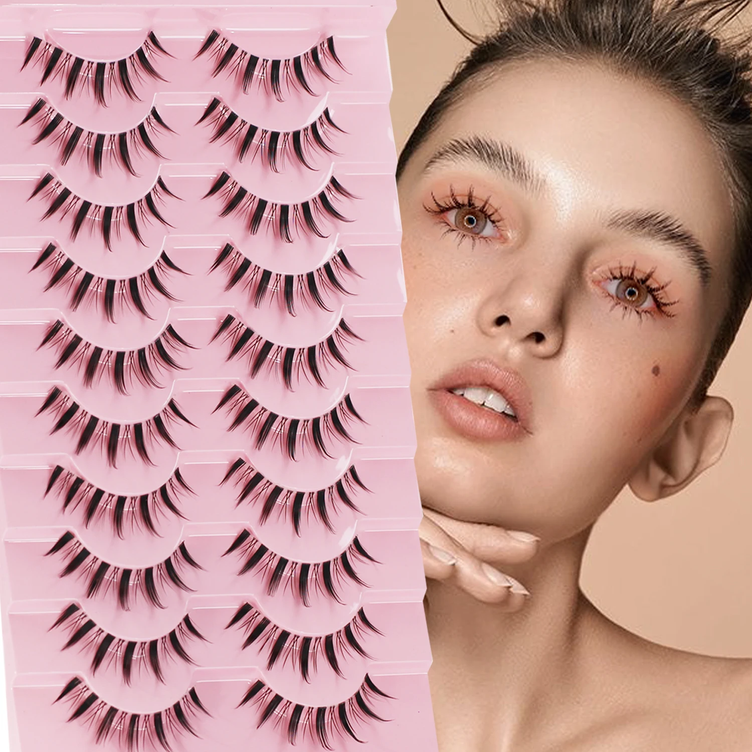 Sztuczne rzęsy Manga Lashes Cat Eye Lashes Spiked Lashes C Curl Lashes Wispy Natural Look Clear Band 10Pairs Pack