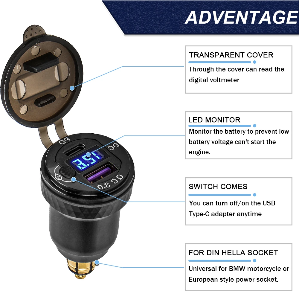 شاحن دراجة نارية مع التبديل QC3.0 شاحن USB PD Type-C اكسسوارات لسيارات BMW R1250GS R1200RT R1200GS F800 GS/GT DIN Hella Plug