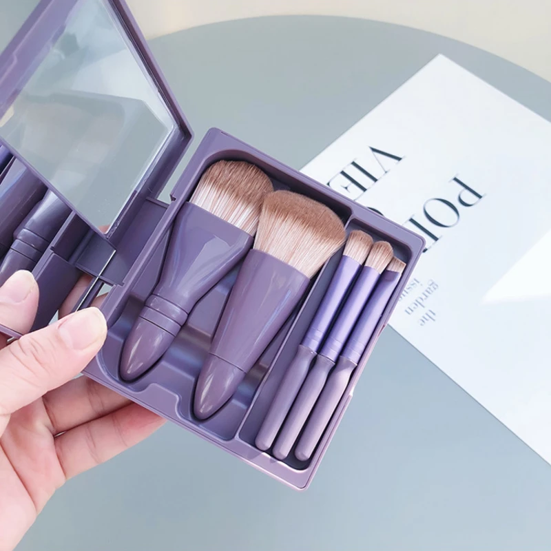 5 فرش مكياج محمولة، صغيرة مع مرآة، فرشاة ظلال عيون متعددة الوظائف، فرشاة بودرة، فرشاة مكياج كريم الأساس