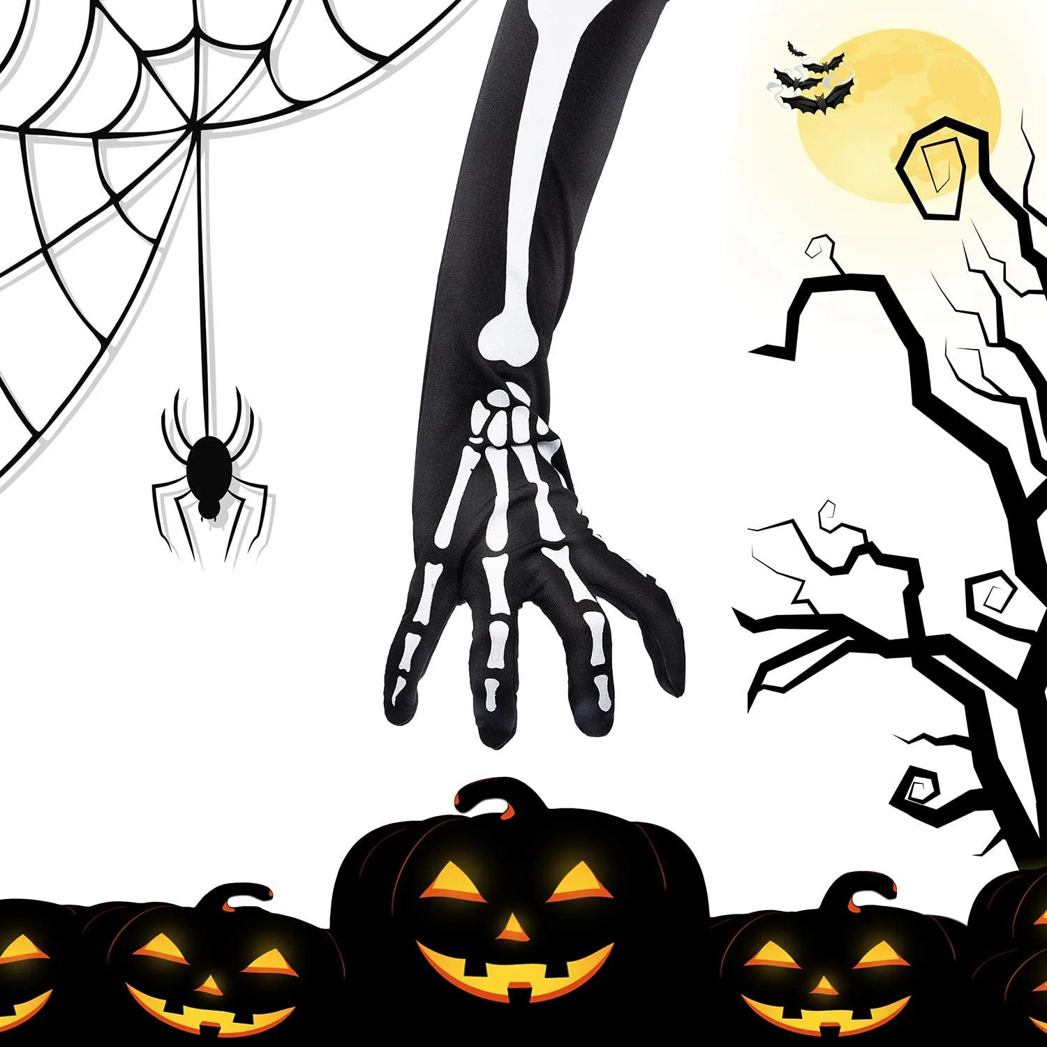 

AS96-2 Pairs Halloween Skeleton Gloves With Skeleton Arm Sleeve Full Finger Long Arm Skeleton Gloves For Kids And Adults