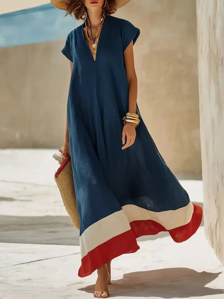 Women Summer Linen Kaftan Dress Loose V Neck Short Sleeve Striped Hem Long Dress Casual Loose Elegant Color Block Sundress