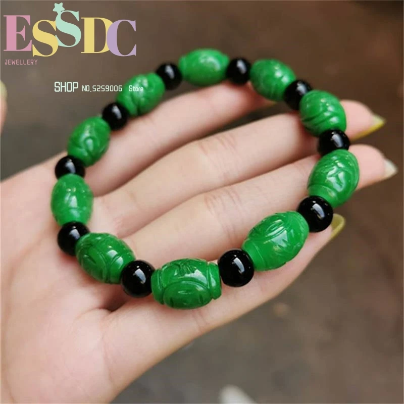 Natural Green Jade  Handcarved Beads  Gemstone Bracelet For Women Bangles Jelewery