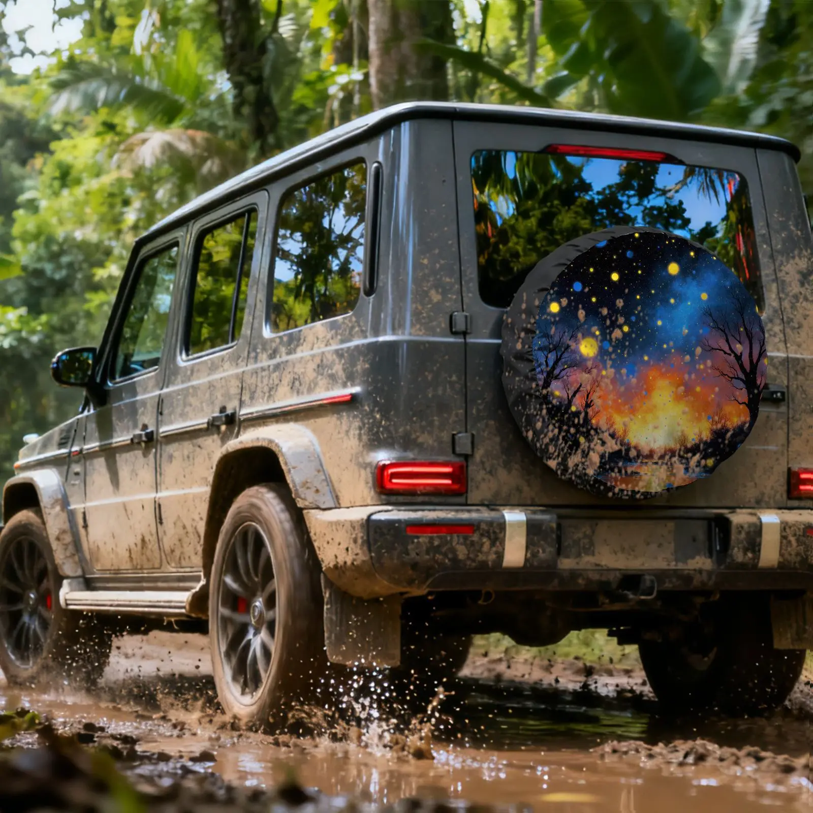 Dreamy Night Sky Fire Landscape Spare Tire Cover Polyester Waterproof Wheel Protector for RV SUV