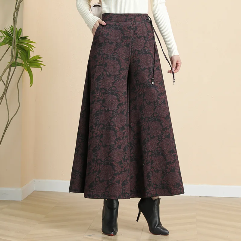 

Women Print Wide Leg Pants Elastic High Waist Loose Casual Long Pants Middle-Aged Female Skirt Pants Spring Autumn Mother Pants