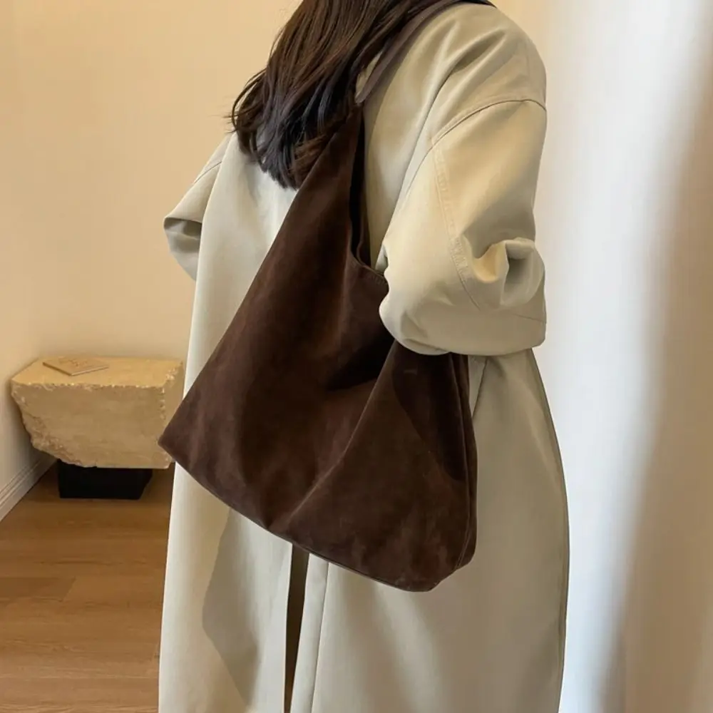 

New Autumn and Winter Vintage Women's Bag Large Capacity Fashion Suede Shoulder Bag with Button Solid Color Versatile Bucket Bag