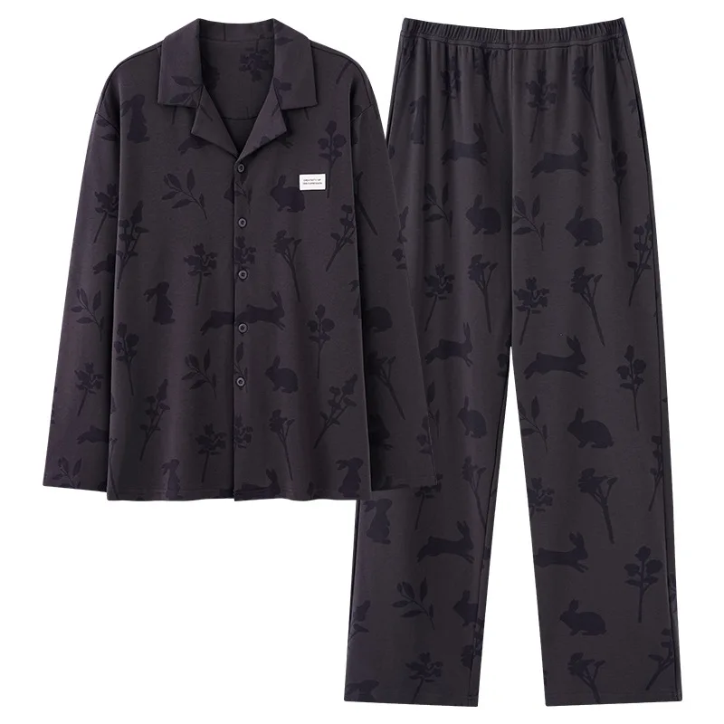 New Pure Cotton Men's Pajamas For Spring And Autumn, Long Sleeved Lapel Cardigan, Simple Casual Home Suit Set, Can Be Worn Outsi