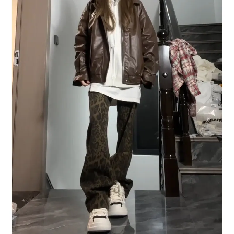 American Retro Brown Leopard Print Men's Loose Wide Leg Jeans Lazy Style Straight CleanFit Flared Pants Cotton Polyester Blend
