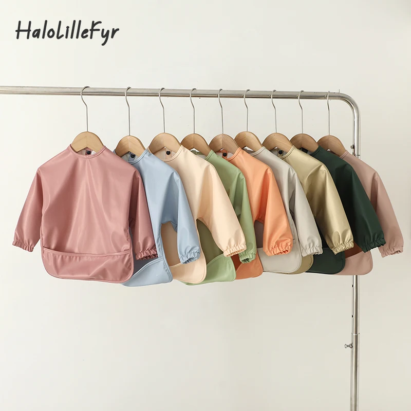Baby Bibs Burp Cloth Solid Color Art Smock with Long Sleeves Waterproof Children's Dining Apron for Toddler Babies Feeding Stuff