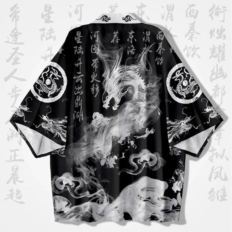 Trendy Chinese Ink Dragon Graphic Haori Kimono Cardigan Summer Casual 1/2 Sleeve Open Yukata Harajuku Style Streetwear Tops