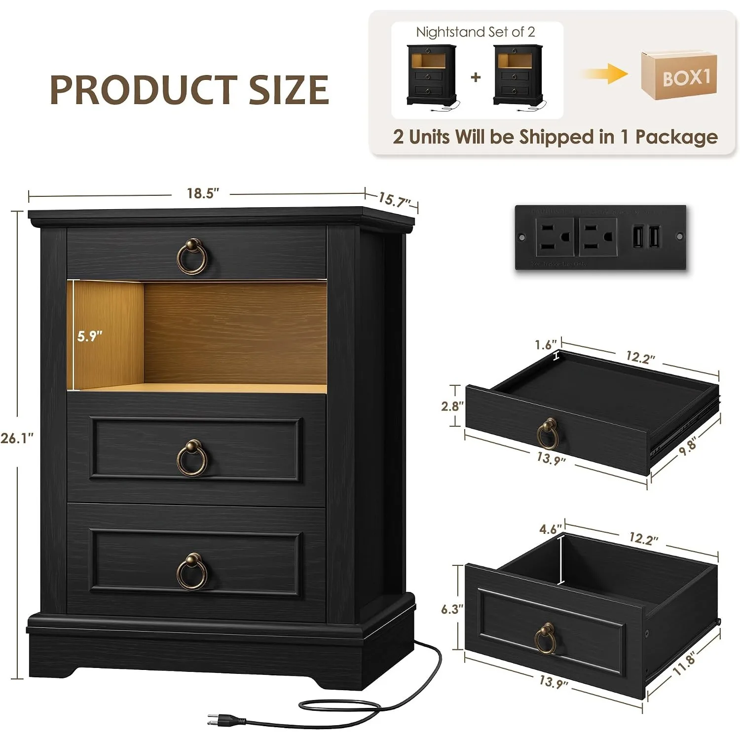 Nightstands Set of 2, LED Nightstand with Charging Station, 3 Drawers Bedside Table with Open Shelf, Farmhouse Night Stands with Storage, Wood Bed Side Table for Bedroom, Black