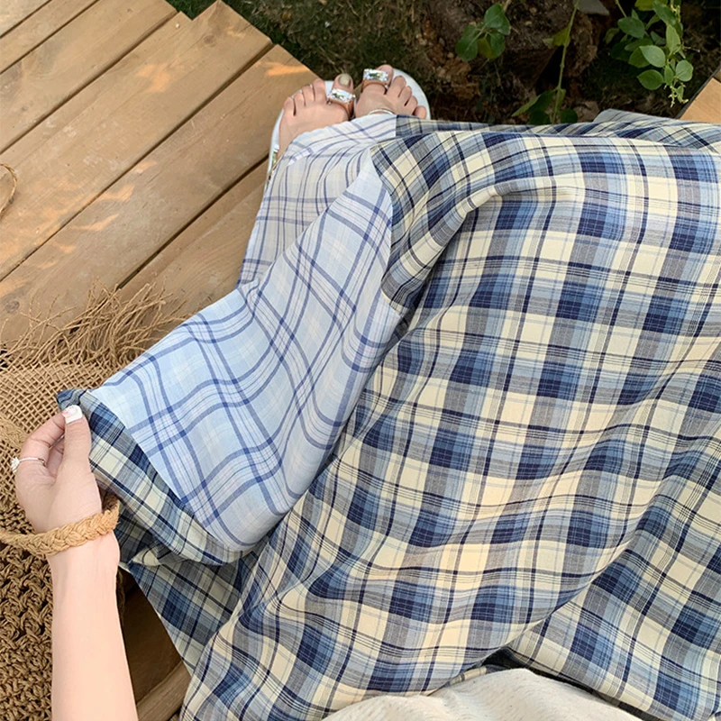 Élégant bleu Plaid femmes jupes longues été élégant choc couleur épissé drapé Faldas décontracté tout-Match taille haute a-ligne jupes